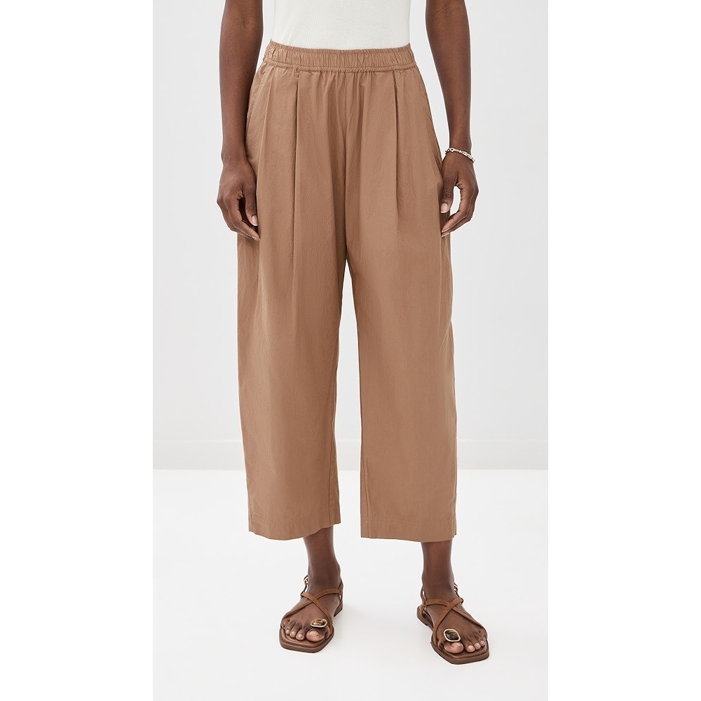 Theory Pants Women Medium Tan Korene Linen Blend Elastic Waist Pleated Cropped